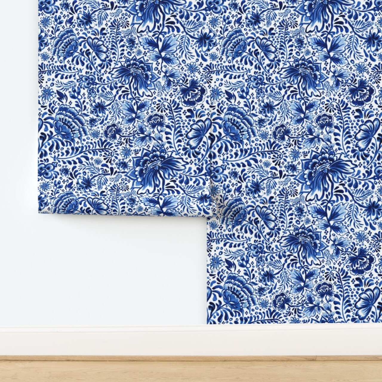 Watercolor Cottagecore Floral Traditional Classic Hand Painted Brush Strokes Chinoiserie Flowers Blue And White Jumbo Scale Monochromatic Custom Pre-pasted Wallpaper by Spoonflower Pre-Pasted Wallpaper 2FT Wide